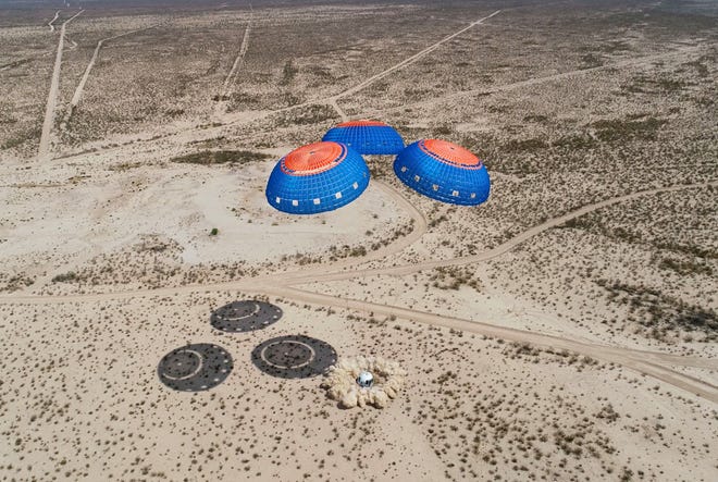 The Blue Origin, unmanned crew capsule lands April 14 in the West Texas desert near Van Horn, Texas, where the Jeff Bezos' company's rocket launch site is located.