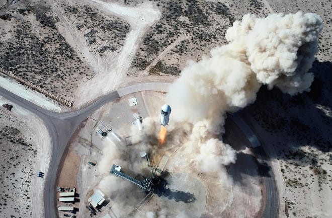 A rocket takes off from the Blue Origin Launch Site One near Van Horn, Texas, on Jan. 14.