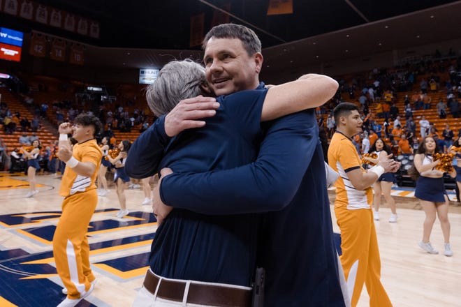 UTEP President Dr. Heather Wilson congratulates UTEP head men's basketball coach Joe Golding after his 70-68 win against North Texas Saturday, March 5, 2022, at the Don Haskins Center in El Paso, Texas.